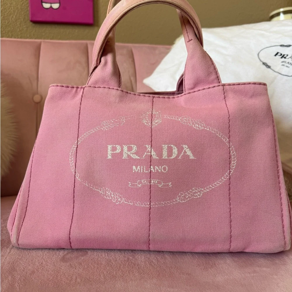 💯Authentic PRADA CANAPA Pink Canvas Logo Tote - Picture 14 of 17